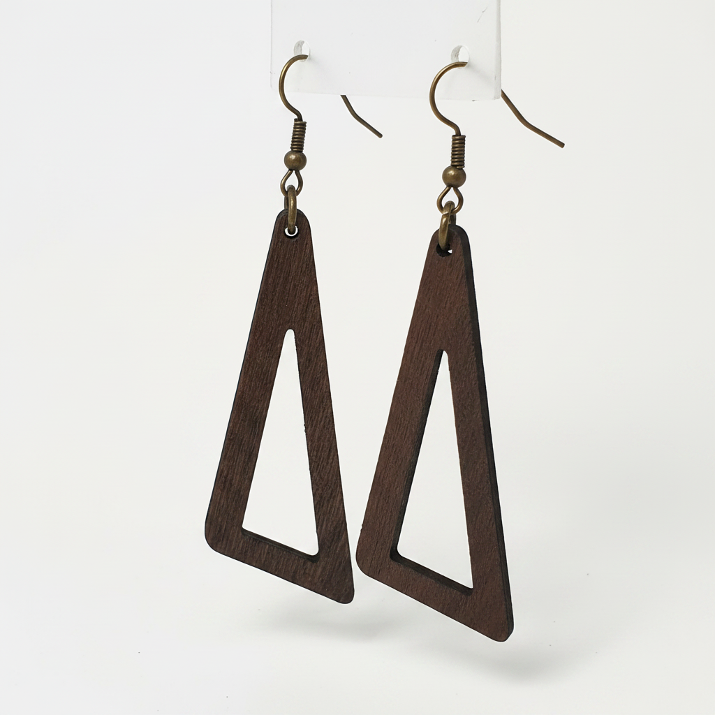 Dark Wood Triangle Earrings White Background