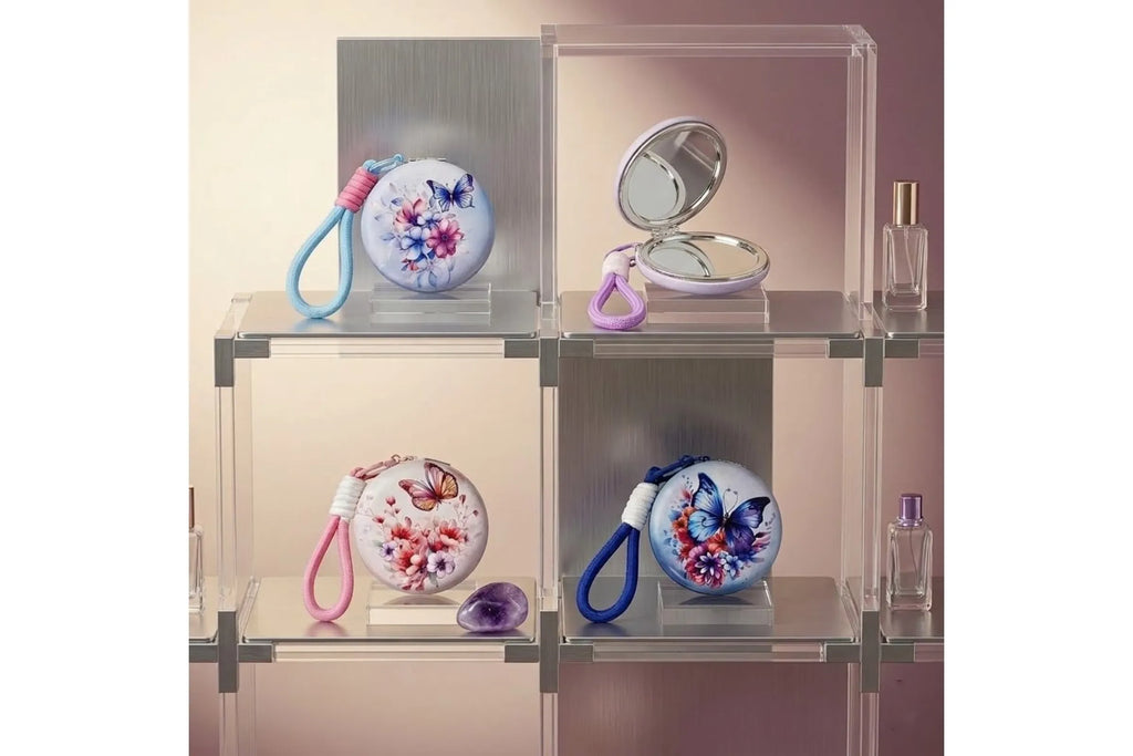 Butterfly Compact Mirror Keychain with Dual Mirrors and 3-in-1 Hardware
