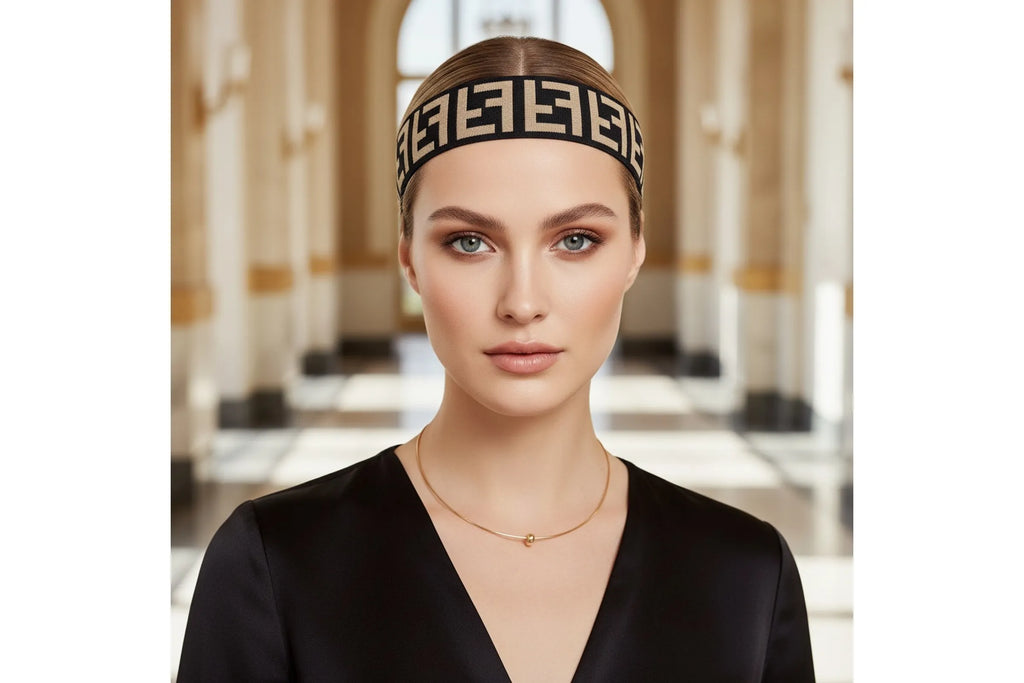 Woman wearing brown wide elastic headband with geometric interlocking print in elegant setting