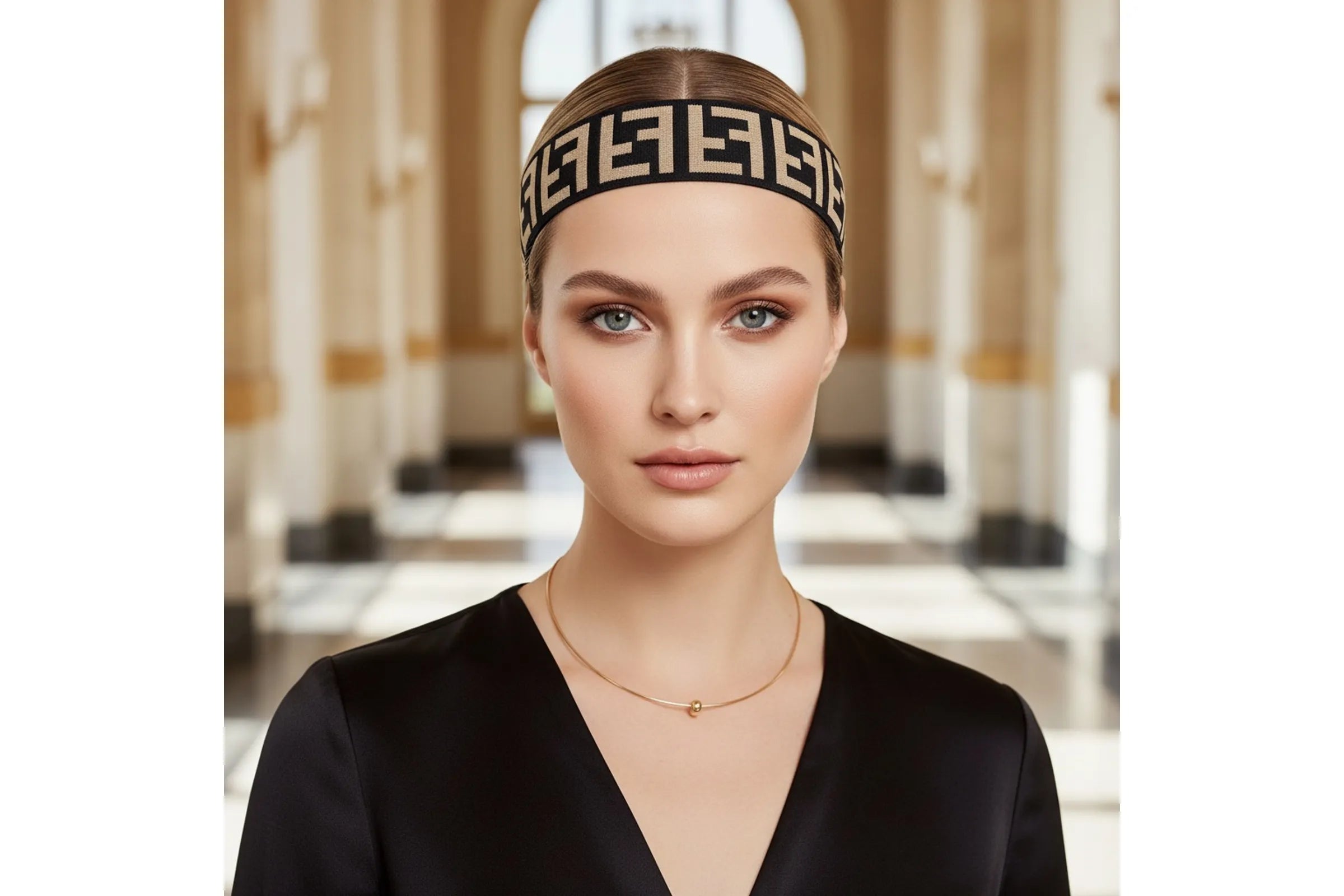 Woman wearing brown wide elastic headband with geometric interlocking print in elegant setting