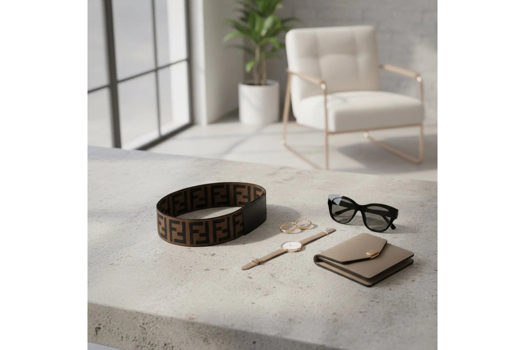 Brown wide elastic headband with geometric print styled on marble surface with sunglasses and wallet