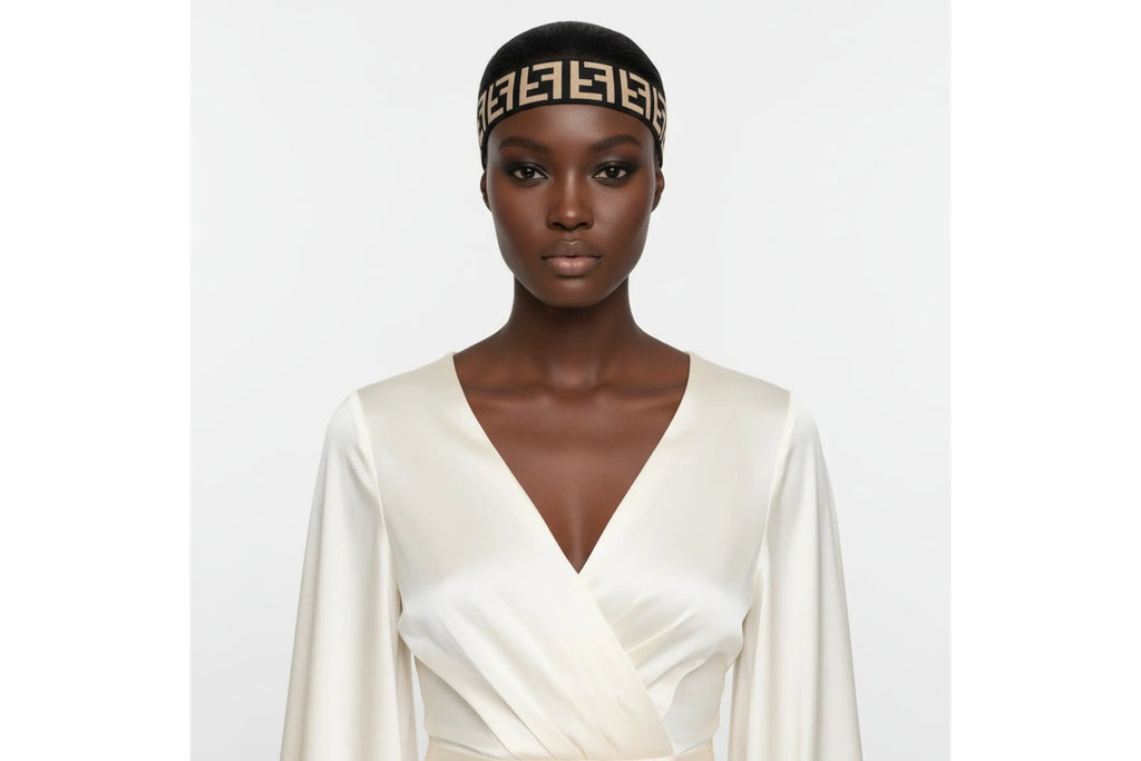 Woman wearing black wide elastic headband with geometric interlocking print pattern