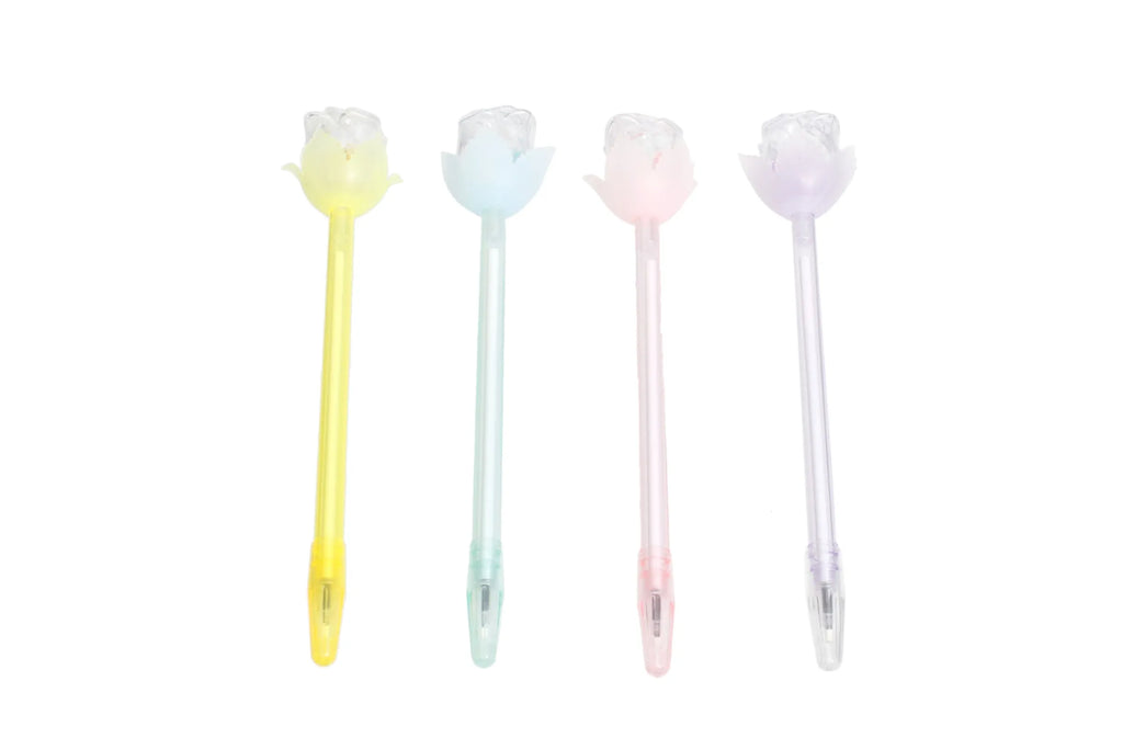 Four pastel plastic rose bud ballpoint pens in yellow, blue, pink, and lavender displayed together, each featuring a clear rose bud-shaped topper with matching color petal details and a silver ballpoint tip.