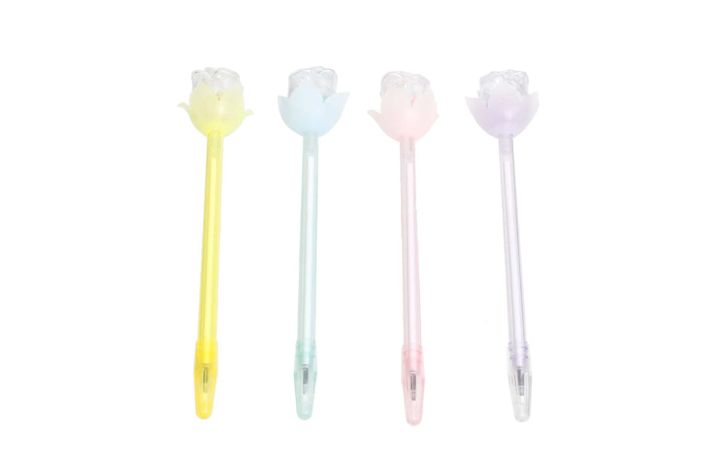 Four pastel plastic rose bud ballpoint pens in yellow, blue, pink, and lavender displayed together, each featuring a clear rose bud-shaped topper with matching color petal details and a silver ballpoint tip.