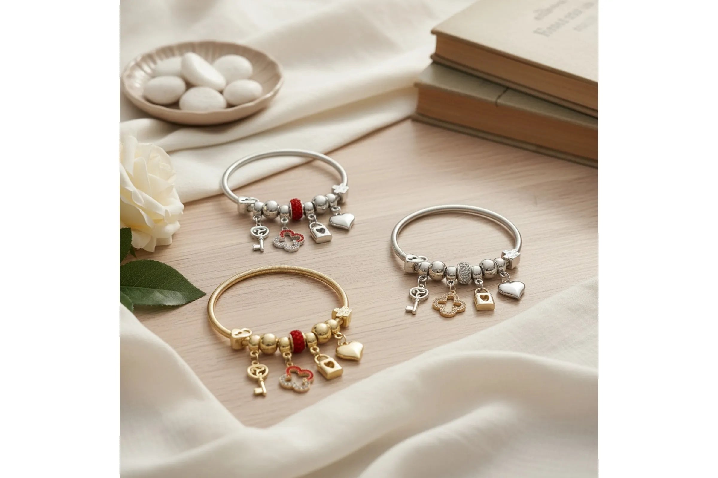 Overhead flat lay on a blush pink wood surface with white silk fabric. Three metal jump coil stretch bracelets arranged in a loose cluster — one silver tone with red rhinestone rondelle bead, one silver tone with clear white rhinestone rondelle bead, and one gold tone with red rhinestone rondelle bead — each featuring dangling key, quatrefoil clover, heart lock, and puffy heart charms. Styled with a white rose with green leaves, a small ceramic dish with white oval stones, and two stacked tan hardcover book