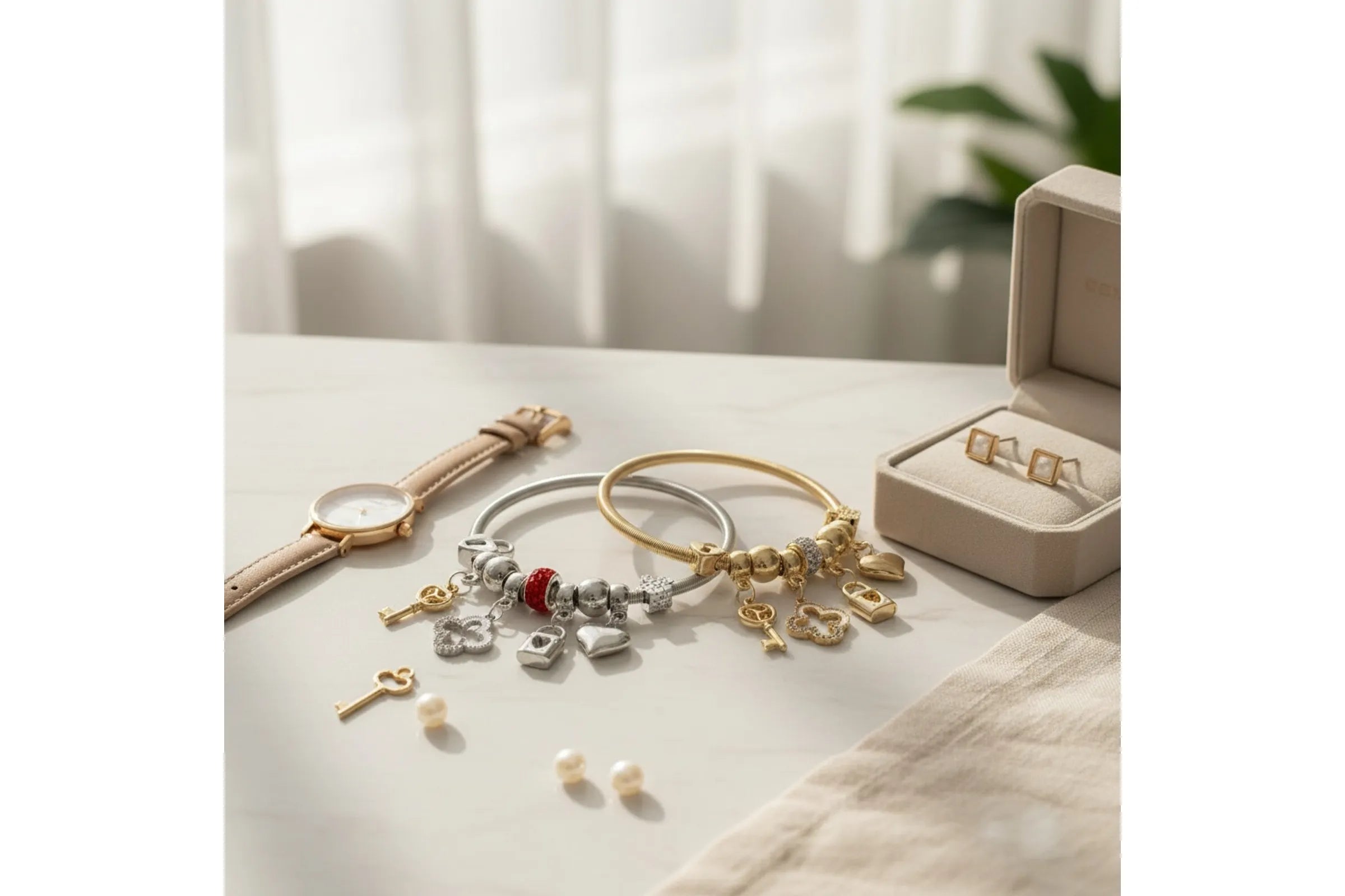 Gold tone metal jump coil stretch bracelet laid flat on a white marble surface near a sheer curtained window, featuring clear white rhinestone rondelle spacer beads, gold ball beads, and dangling key, quatrefoil clover, heart lock, and puffy heart charms in gold tone. A green plant is softly visible in the background.