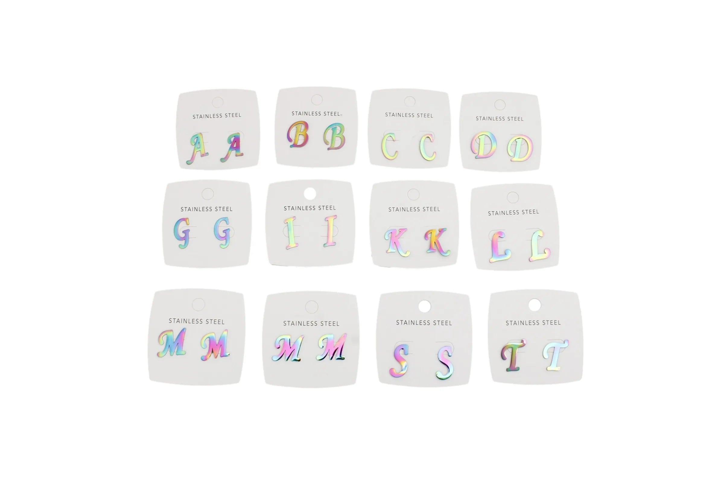 Twelve small white square cards arranged in a grid on a white background, each showing a colorful iridescent letter from A to Z with the text 'STAINLESS STEEL' underneath.