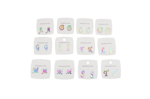 Twelve small white square cards arranged in a grid on a white background, each showing a colorful iridescent letter from A to Z with the text 'STAINLESS STEEL' underneath.