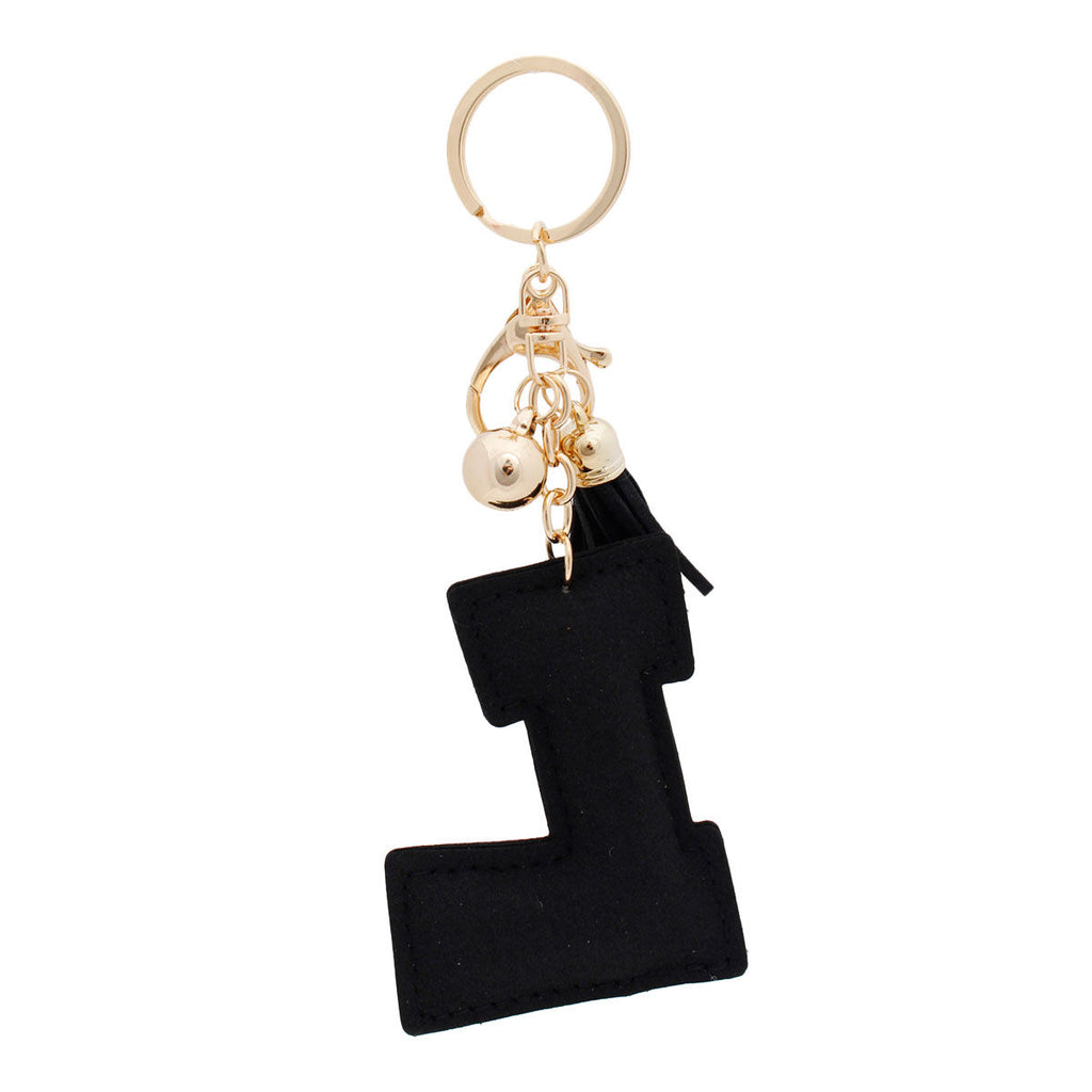 L Initial Black Rhinestone Padded Charm Keychain | Gold Bag Charm