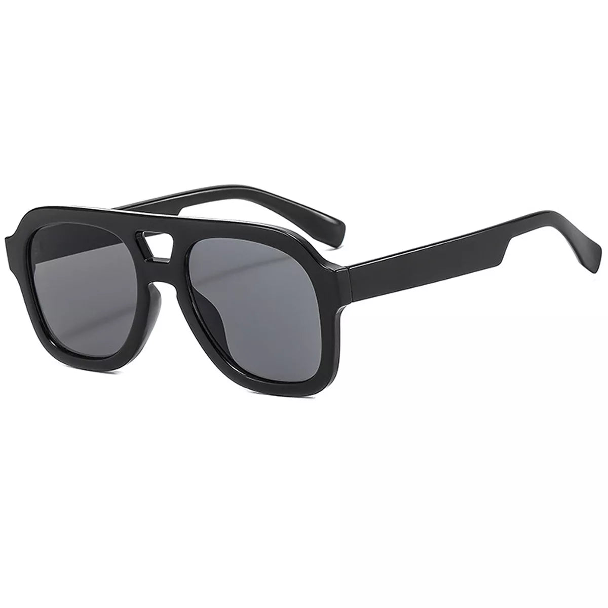 Black oversized aviator sunglasses with dark gray lenses, chunky full-rim frames, wide temples, and a cutout bridge on white