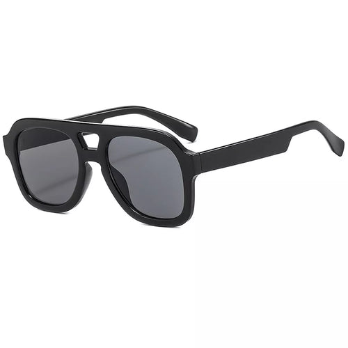 Black oversized aviator sunglasses with dark gray lenses, chunky full-rim frames, wide temples, and a cutout bridge on white