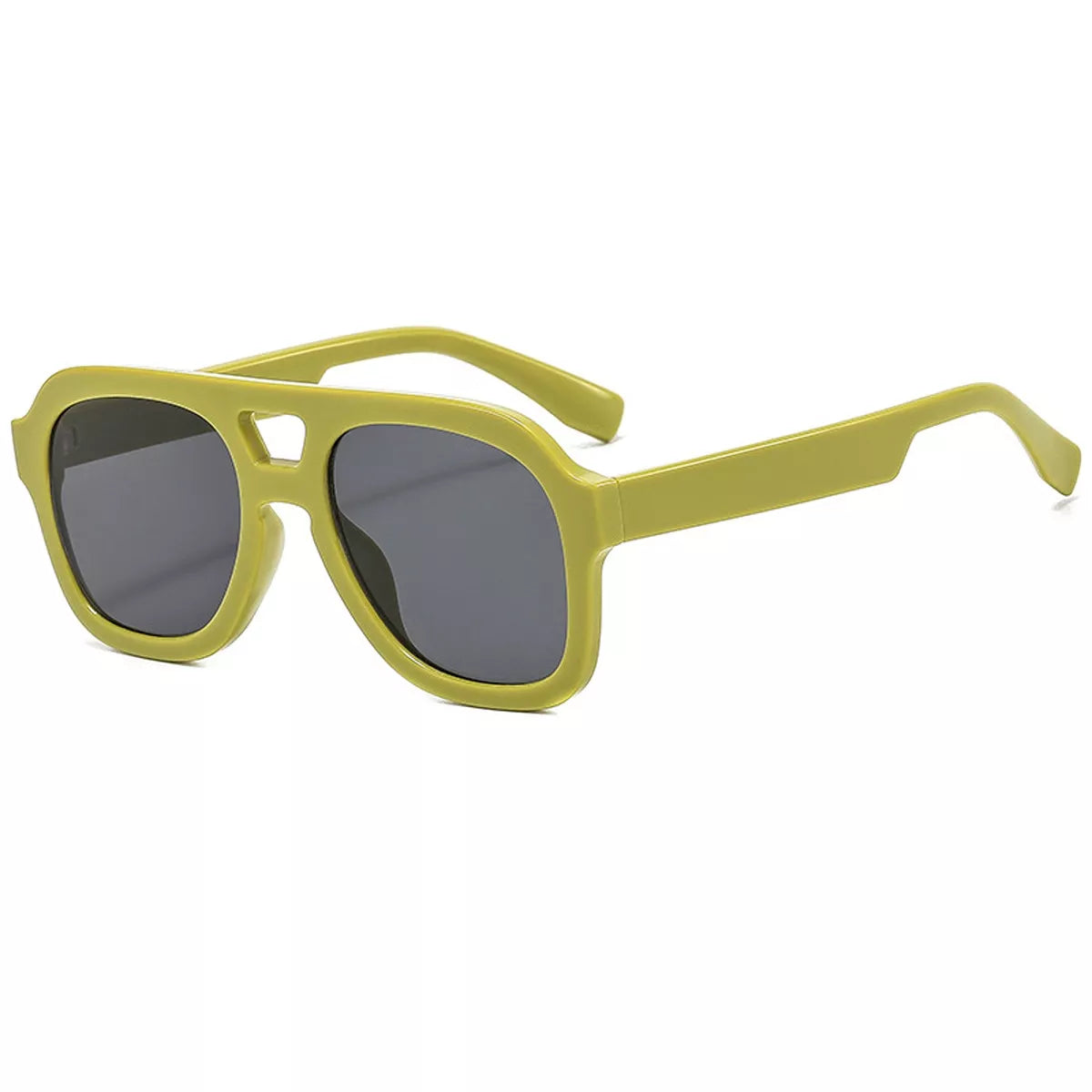 Yellow-green oversized aviator sunglasses with dark gray lenses, wide matching temples, and a cutout bridge on white