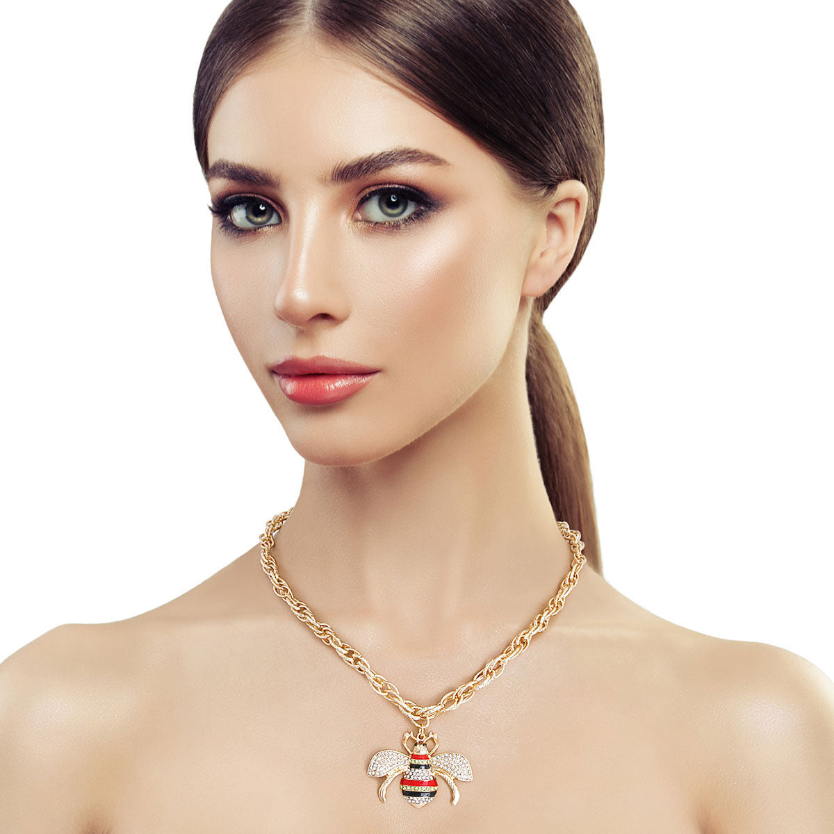 Gold Double Layer Oval Chain Bee Pendant Necklace | Red & Black Rhinestones