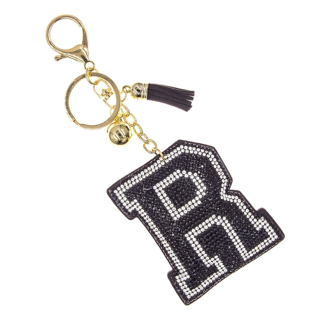 R Initial Black Rhinestone Padded Charm Keychain | Gold Bag Charm