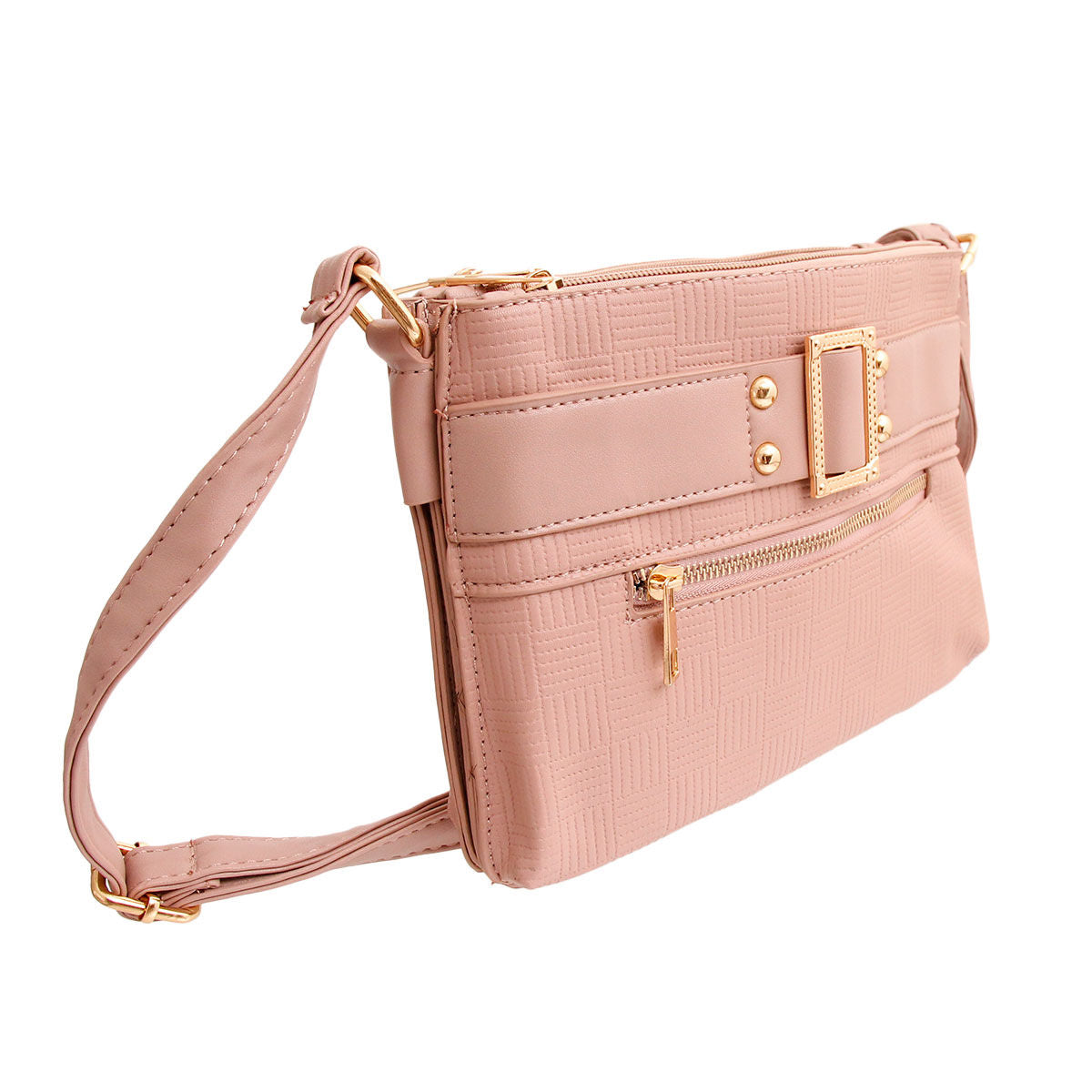 Angled side view of dusty mauve embossed faux leather crossbody bag showing gold-tone buckle and studs, front zip pocket, top zipper closure, and adjustable shoulder strap on white