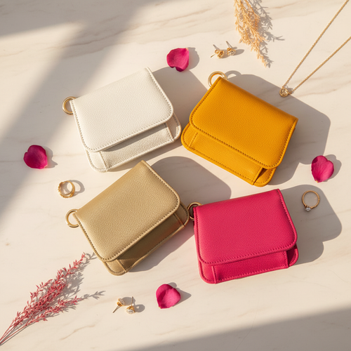 Faux Pebble Leather Wallet – All 4 Colors Lifestyle Flat Lay
