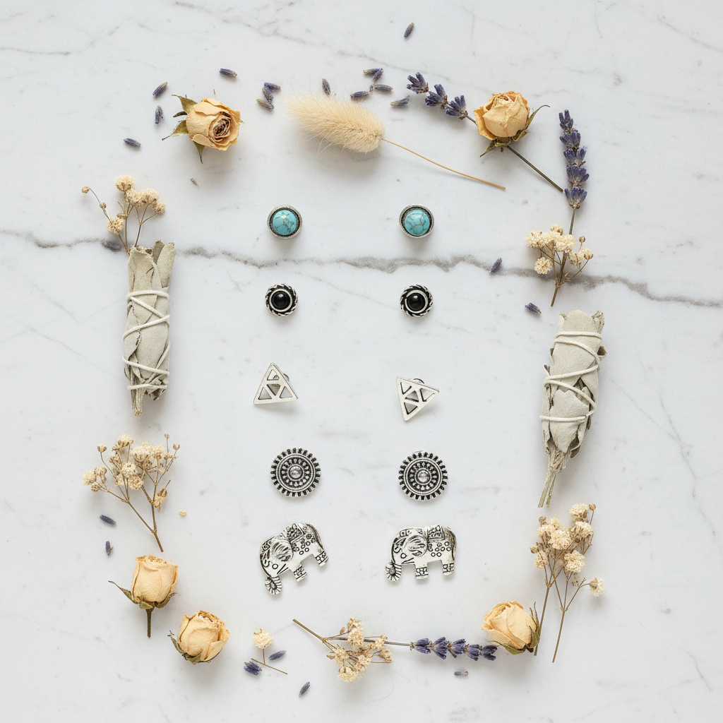 Boho silver stud earring set flat lay on white marble with dried flowers, 6 pairs including turquoise and elephant studs