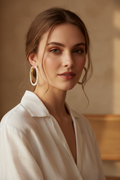 Woman wearing gold pearl bead hoop earrings with loose updo, white linen shirt, warm natural light, French girl aesthetic editorial portrait