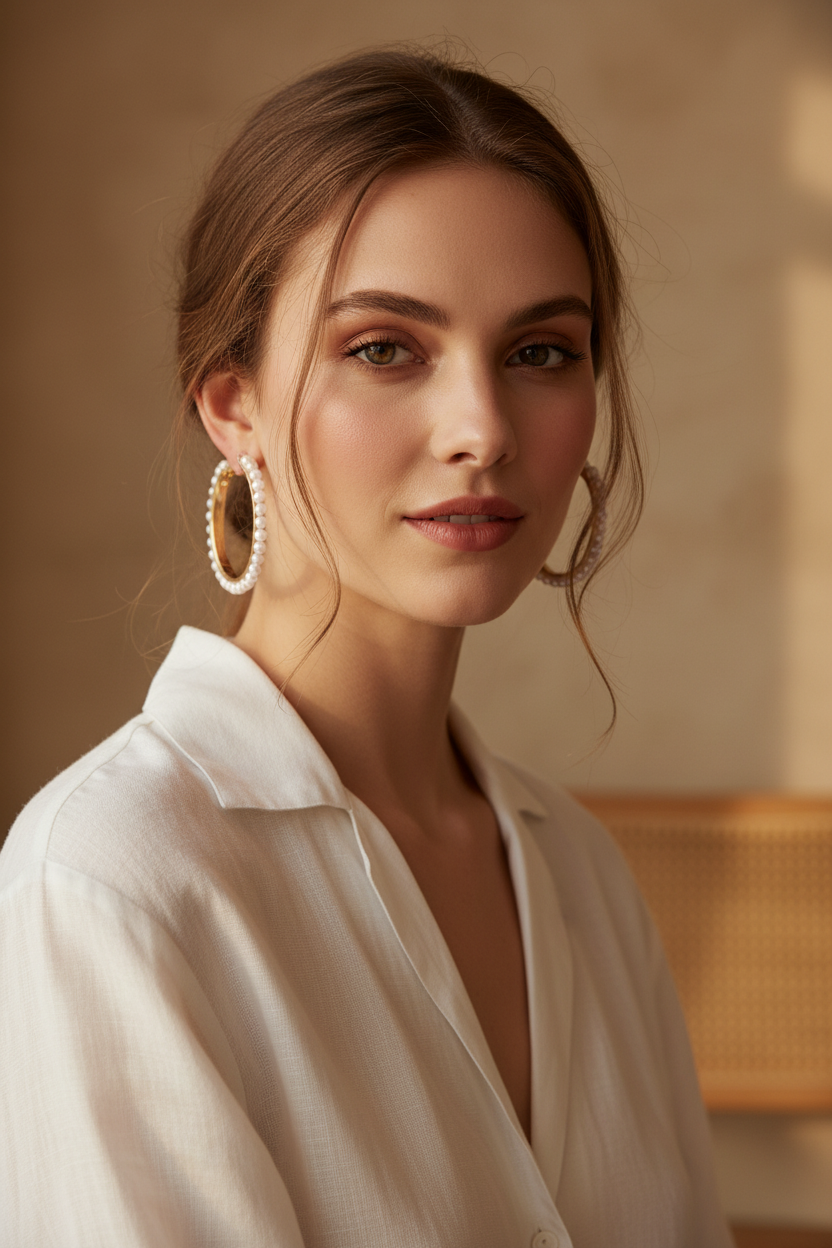 Woman wearing gold pearl bead hoop earrings with loose updo, white linen shirt, warm natural light, French girl aesthetic editorial portrait