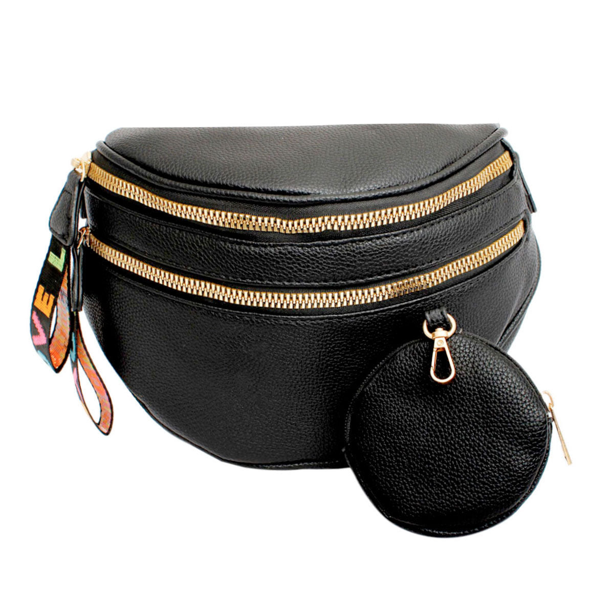 Angled front view of a black pebbled vegan leather sling belt bag with two gold zippers, rainbow woven LOVE pull tabs on the left, and a round black zip coin purse clipped to the right side
