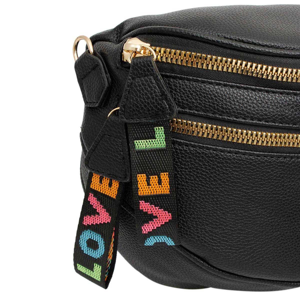 Close-up of the gold zippers and the rainbow woven LOVE pull tabs in pink, orange, green, and teal against the pebbled black leather