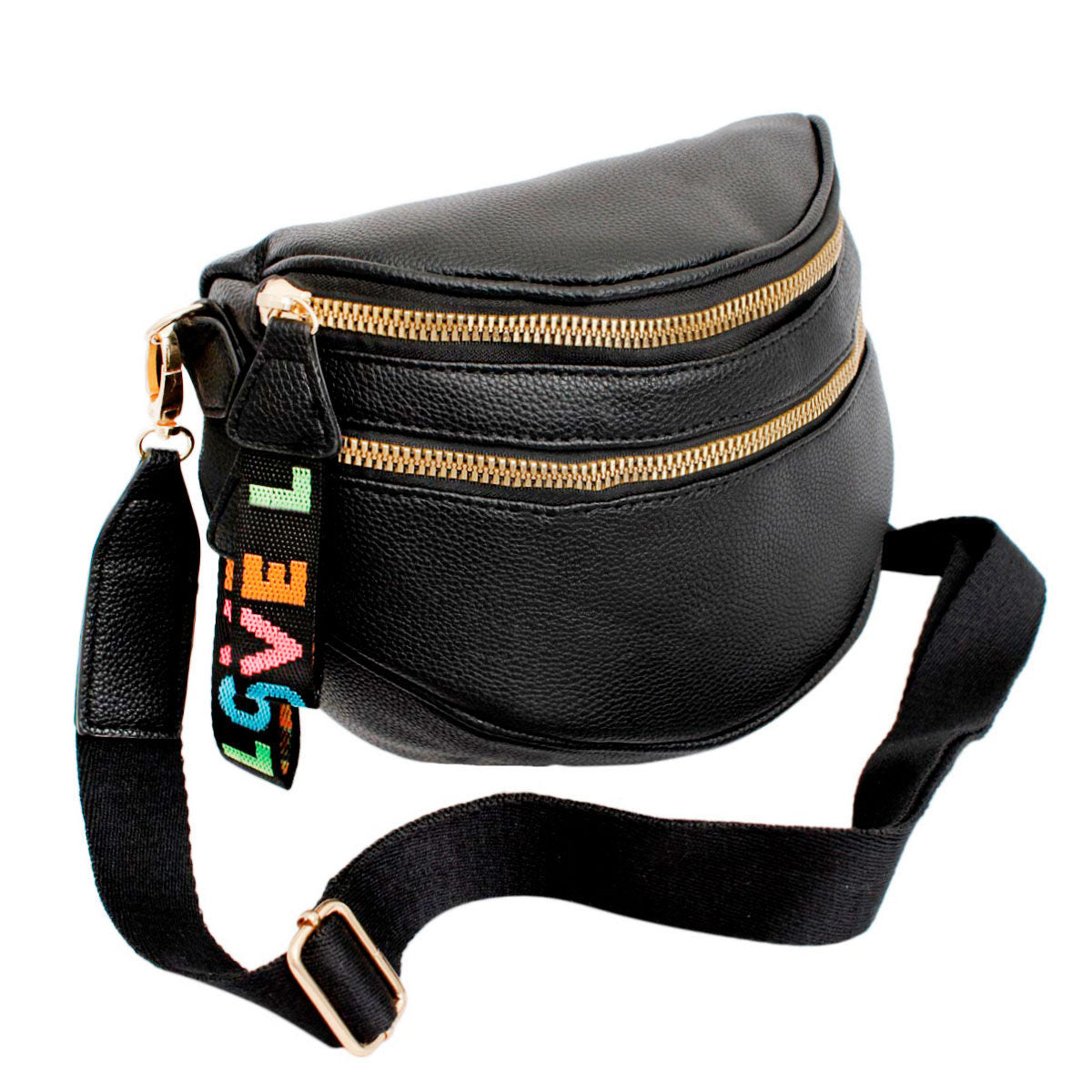 Front view with the wide black canvas shoulder strap attached and extended, showing the gold slider adjuster and the rainbow LOVE tabs hanging from the zippers