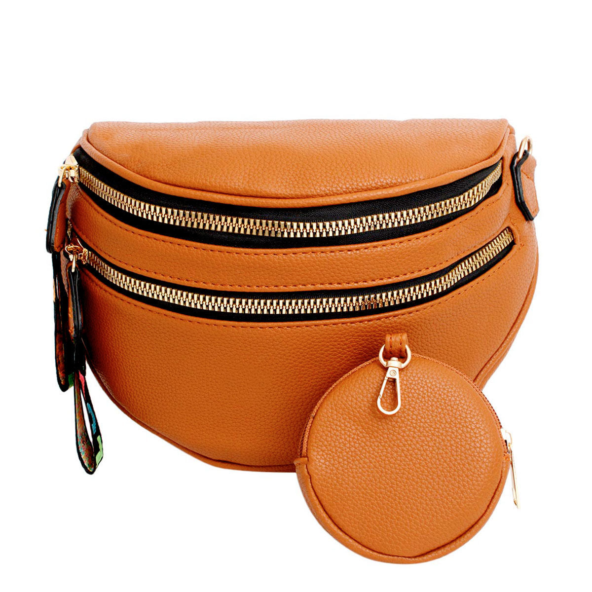 Front view of a camel brown pebbled vegan leather sling belt bag with two gold zippers, rainbow woven LOVE pull tabs on the left, and a matching round camel zip coin purse with a gold clip resting in front