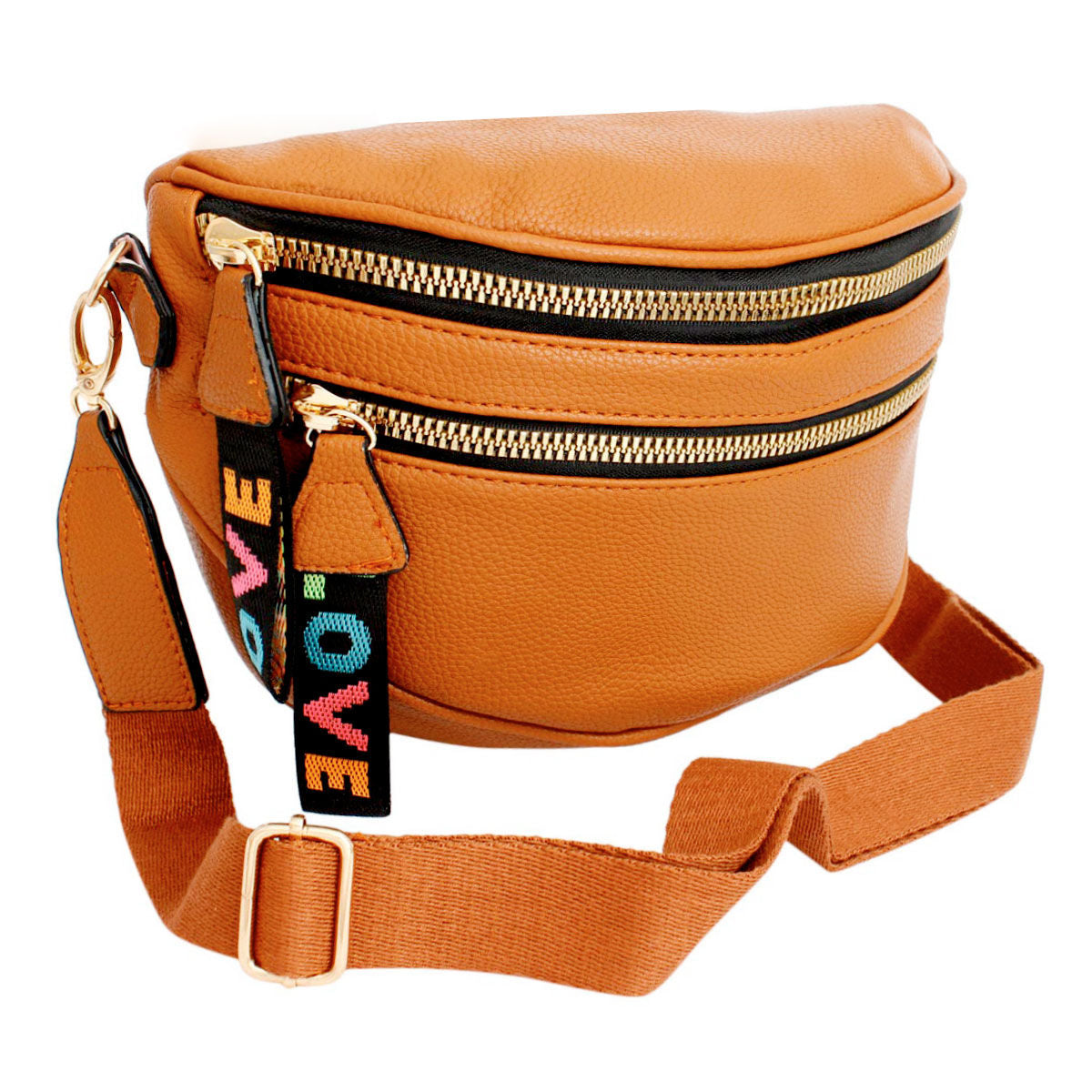 Angled view of the camel sling bag with the wide matching camel canvas strap attached and extended, showing the gold slider adjuster and both rainbow LOVE tabs hanging from the gold zippers