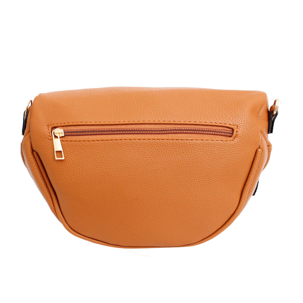 Back view of the camel sling bag showing a hidden horizontal zip pocket with a gold pull and plain pebbled leather