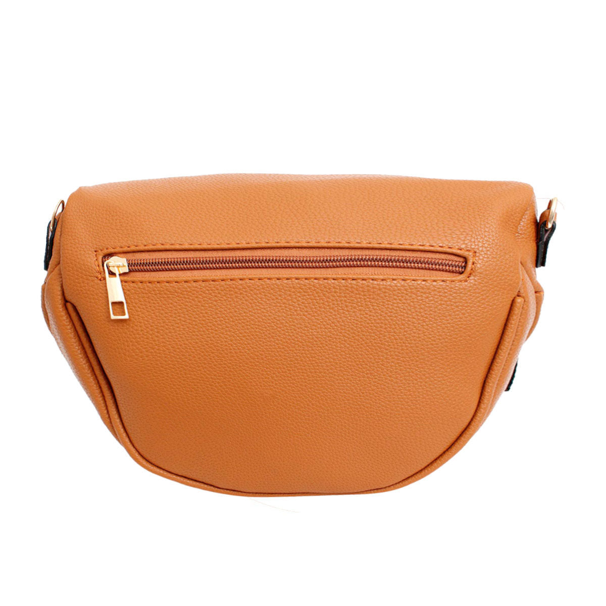 Back view of the camel sling bag showing a hidden horizontal zip pocket with a gold pull and plain pebbled leather