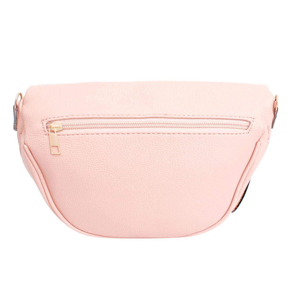 Back view of the pink sling bag showing a hidden horizontal zip pocket with a gold pull and plain pebbled leather