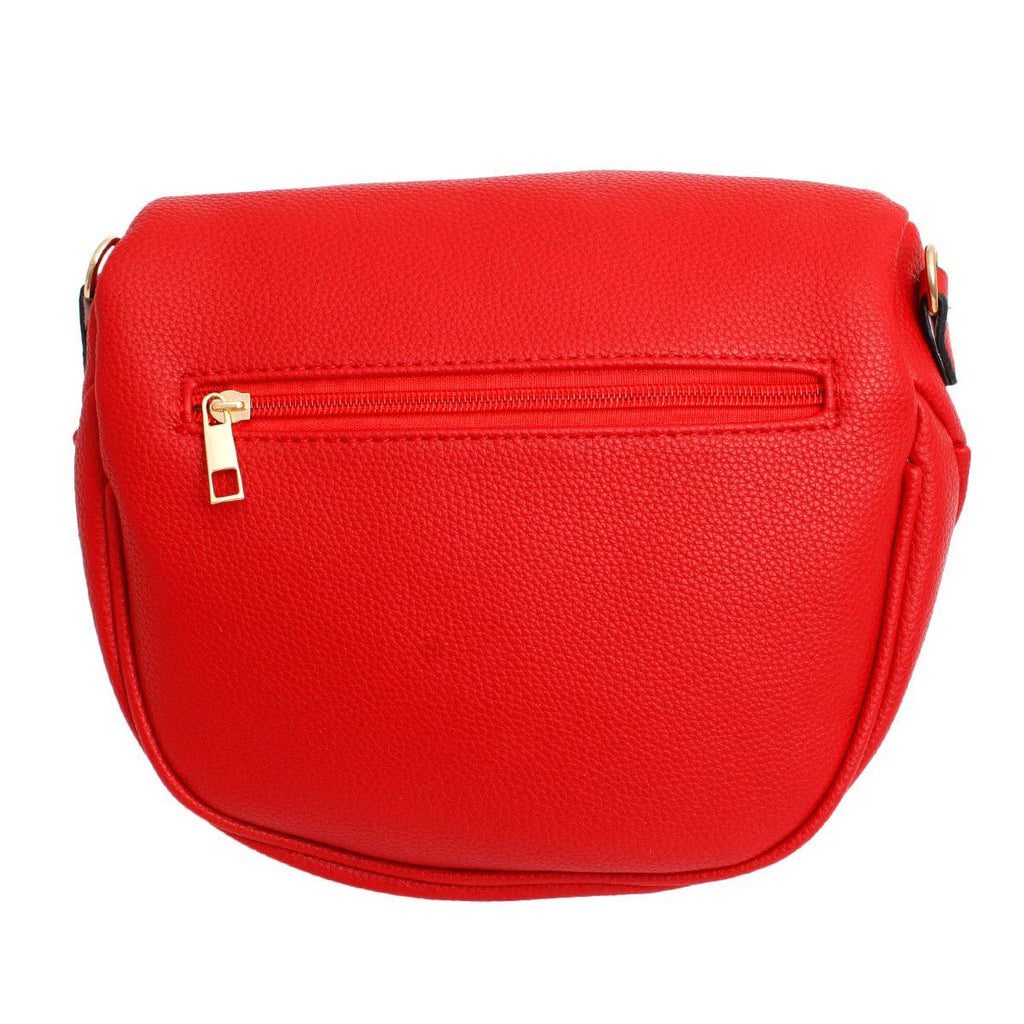 Back view of the red sling bag showing a hidden horizontal zip pocket with a gold pull and plain pebbled leather