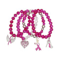 Breast cancer awareness 4-piece fuchsia faceted glass bead stretch bracelet set with angel wings, rhinestone heart, woman silhouette and rhinestone high heel charms