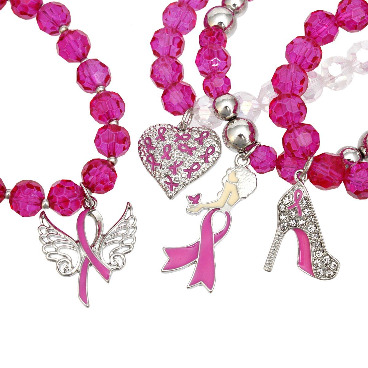 Close-up of pink ribbon charms on fuchsia glass bead bracelets: angel wings, rhinestone heart covered in pink ribbons, woman silhouette and rhinestone high heel