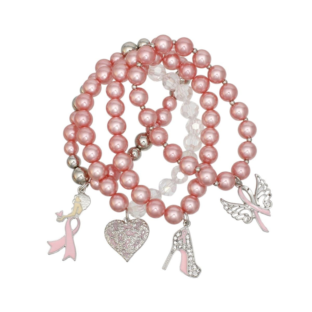 Breast cancer awareness 4-piece light pink pearl stretch bracelet set with woman silhouette, ribbon heart, rhinestone high heel and angel wings charms