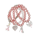 Breast cancer awareness 4-piece light pink pearl stretch bracelet set with woman silhouette, ribbon heart, rhinestone high heel and angel wings charms