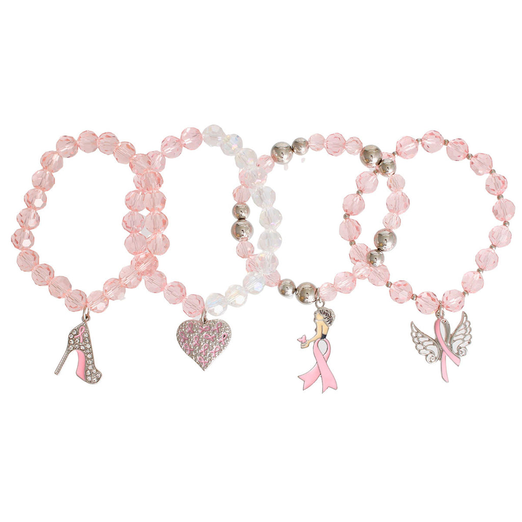 Set of three pink beaded bracelets with various charms on a white background