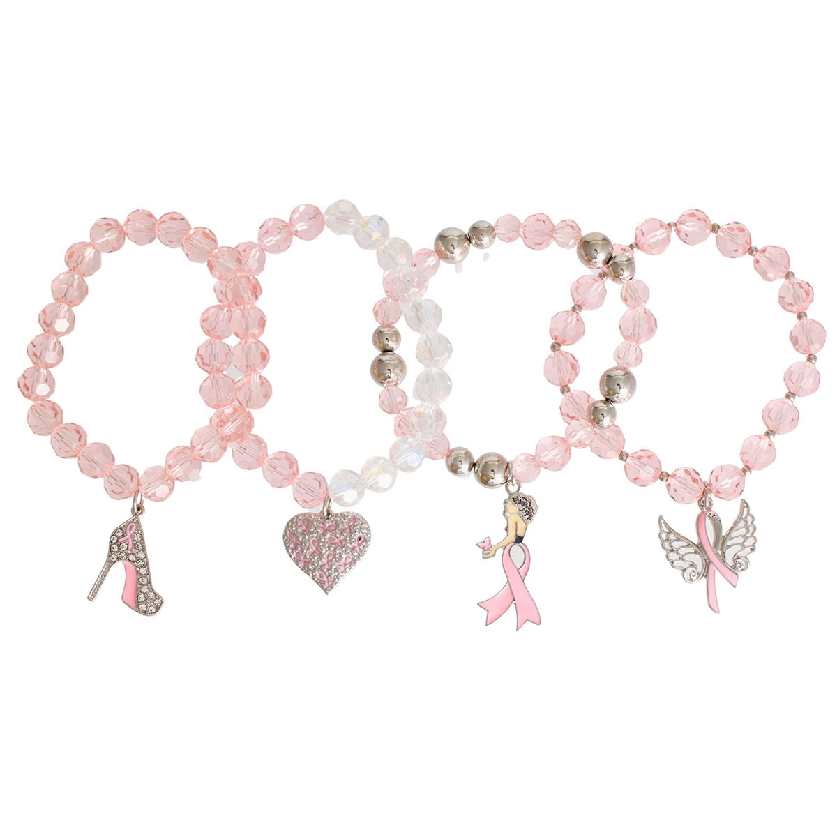 Set of three pink beaded bracelets with various charms on a white background