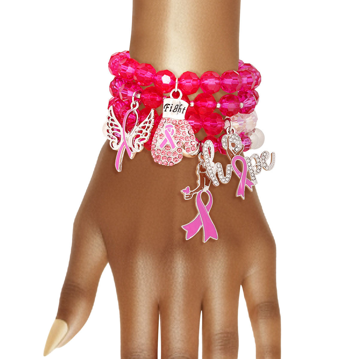 Breast cancer awareness fuchsia glass bead bracelet set stacked on a woman's wrist, showing Fight glove, Hope, angel wings and pink ribbon charms