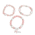 Breast cancer awareness 3-piece stretch bracelet set with pink and white pearls, pink ribbon print beads, silver Hope beads and a rhinestone Hope charm with pink ribbon