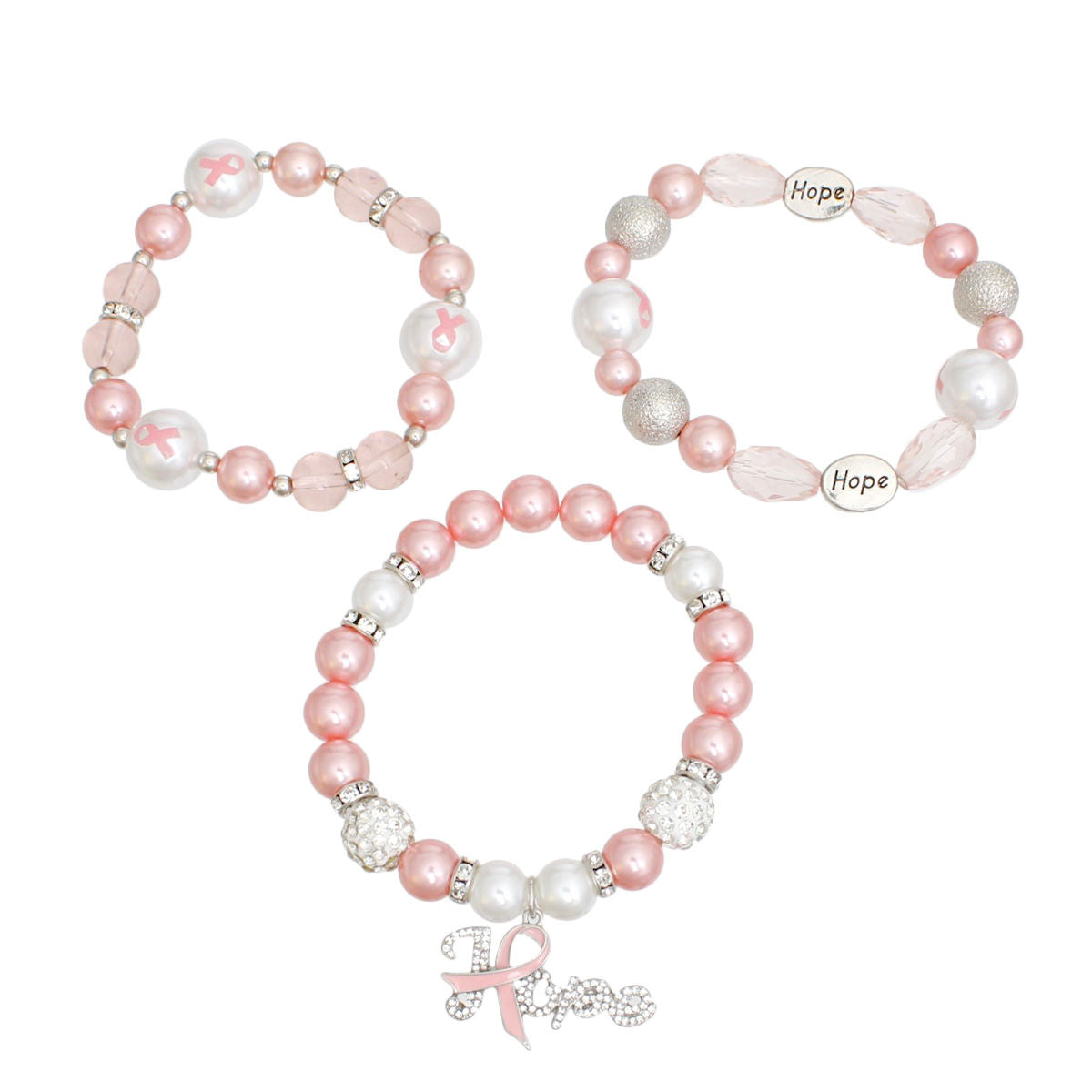 Breast cancer awareness 3-piece stretch bracelet set with pink and white pearls, pink ribbon print beads, silver Hope beads and a rhinestone Hope charm with pink ribbon