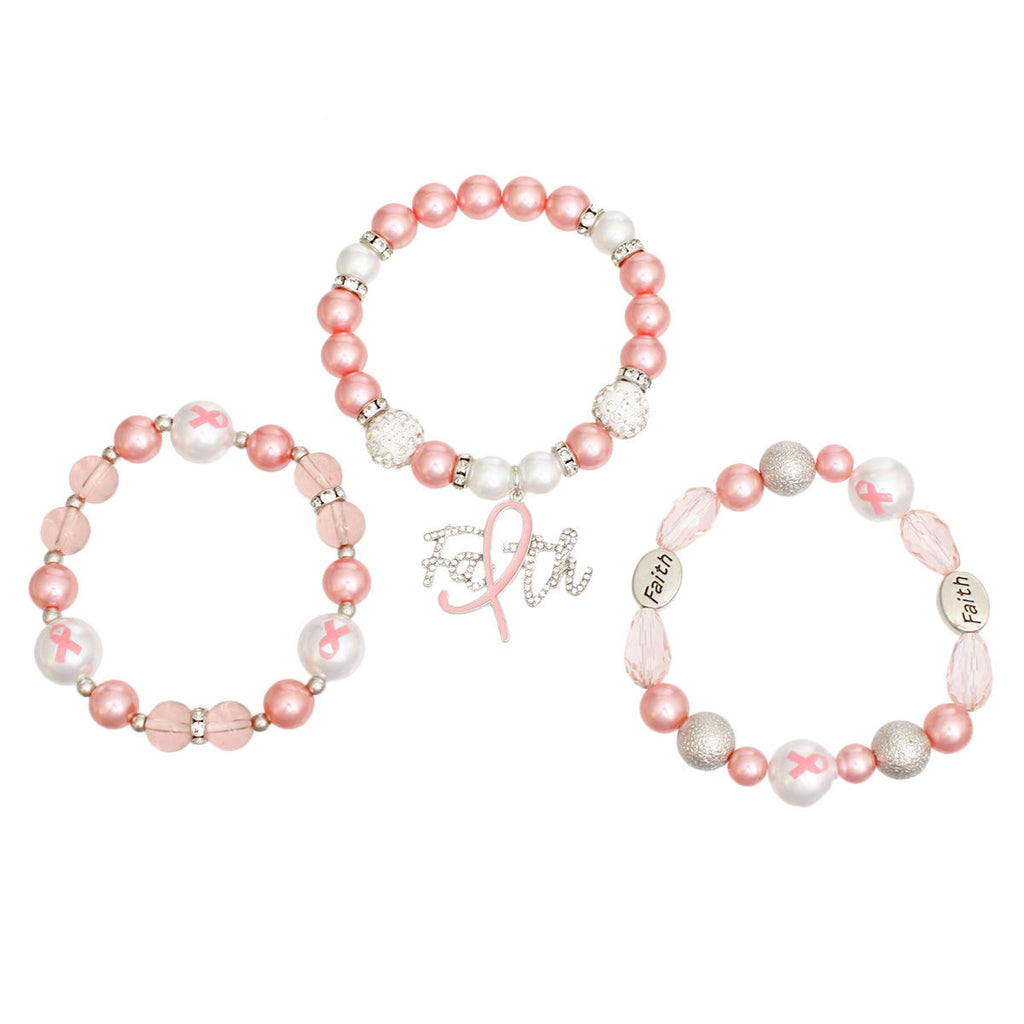 Breast cancer awareness 3-piece light pink stretch bracelet set with pink and white pearls, pink ribbon print beads, oval Faith beads and a rhinestone script Faith charm with pink ribbon
