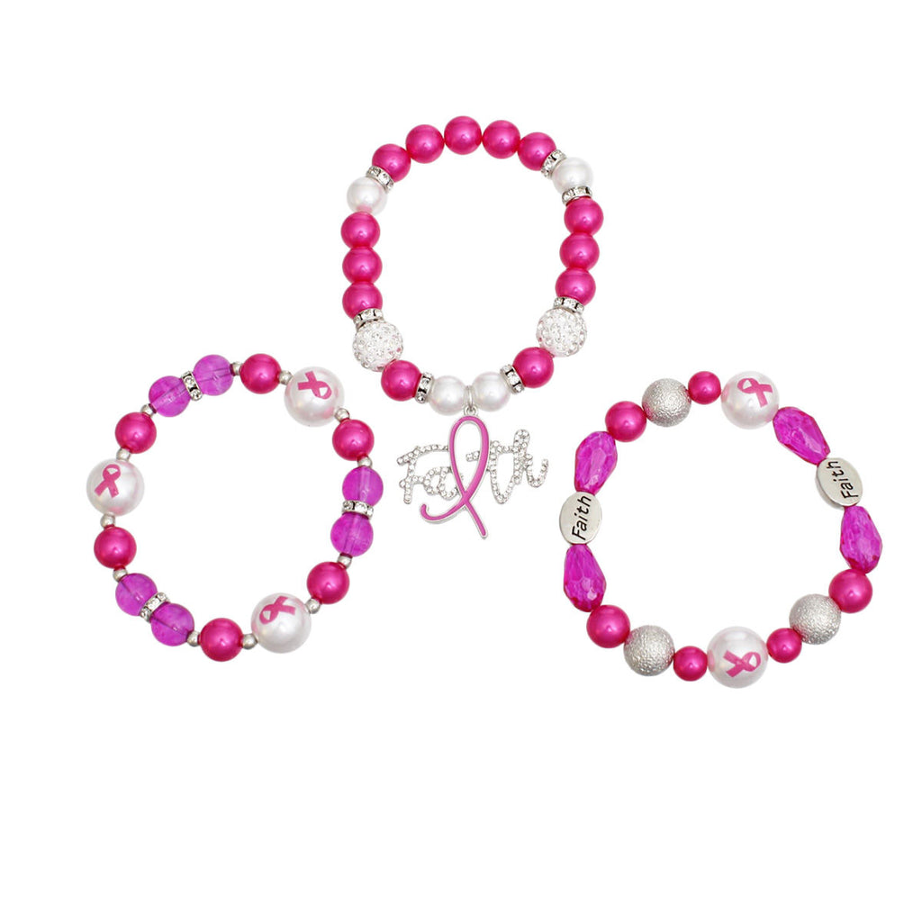 Breast cancer awareness 3-piece fuchsia pink stretch bracelet set with hot pink and white pearls, pink ribbon print beads, oval Faith beads and a rhinestone script Faith charm with pink ribbon
