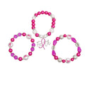 Breast cancer awareness 3-piece fuchsia pink stretch bracelet set with hot pink and white pearls, pink ribbon print beads, oval Faith beads and a rhinestone script Faith charm with pink ribbon