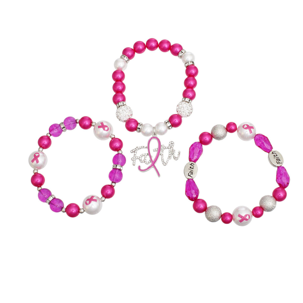 Breast cancer awareness 3-piece fuchsia pink stretch bracelet set with hot pink and white pearls, pink ribbon print beads, oval Faith beads and a rhinestone script Faith charm with pink ribbon
