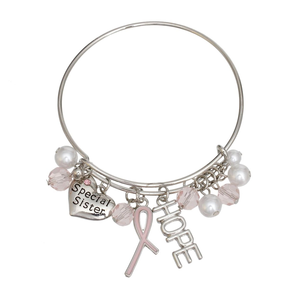 Silver-tone wire charm bangle with light pink ribbon, HOPE charm, Special Sister heart charm, white pearls and faceted light pink beads on white background