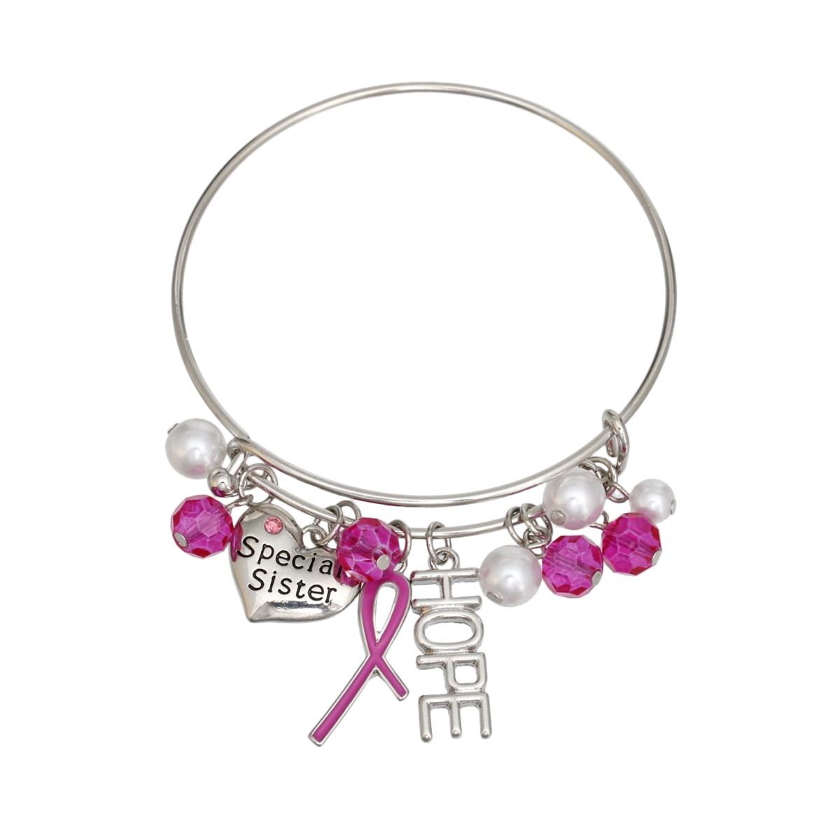 Silver-tone wire charm bangle with fuchsia pink ribbon, HOPE charm, Special Sister heart charm, white pearls and faceted hot pink beads on white background