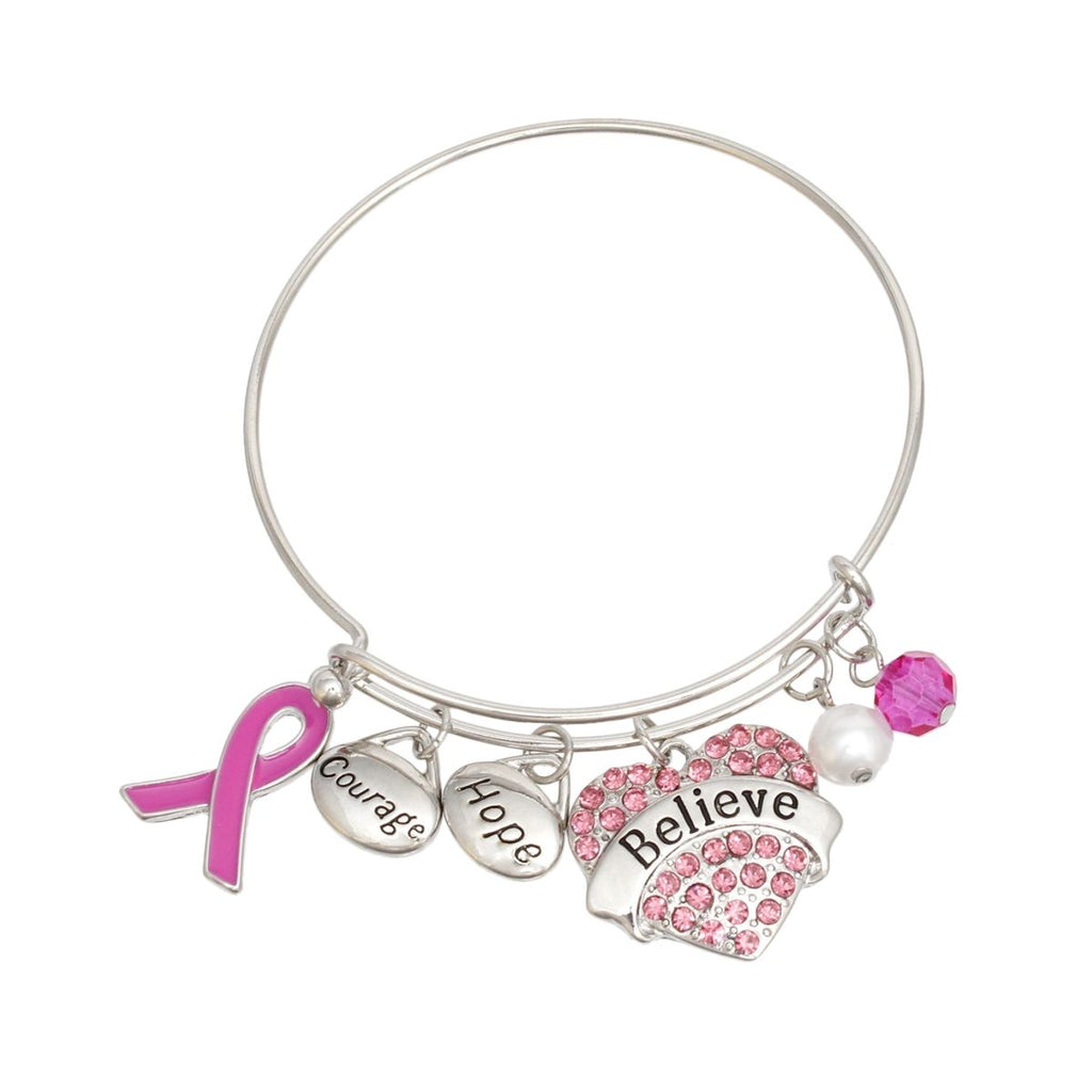 Breast cancer awareness silver wire bangle with fuchsia pink ribbon charm, Courage and Hope oval charms, pink rhinestone Believe heart, white pearl and faceted fuchsia bead