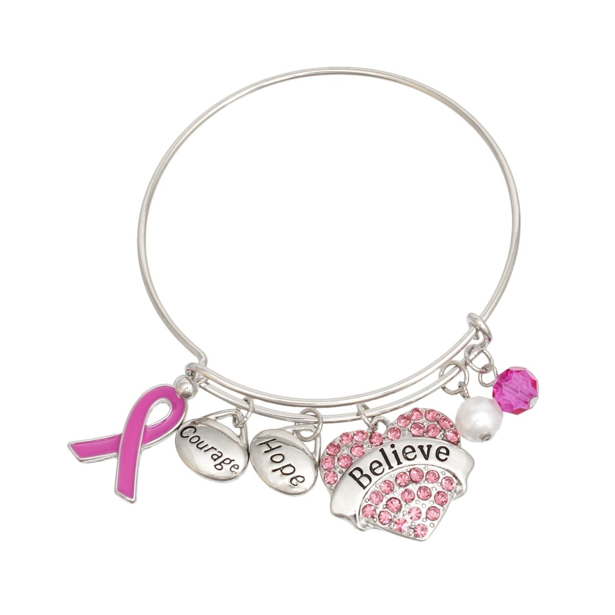 Breast cancer awareness silver wire bangle with fuchsia pink ribbon charm, Courage and Hope oval charms, pink rhinestone Believe heart, white pearl and faceted fuchsia bead