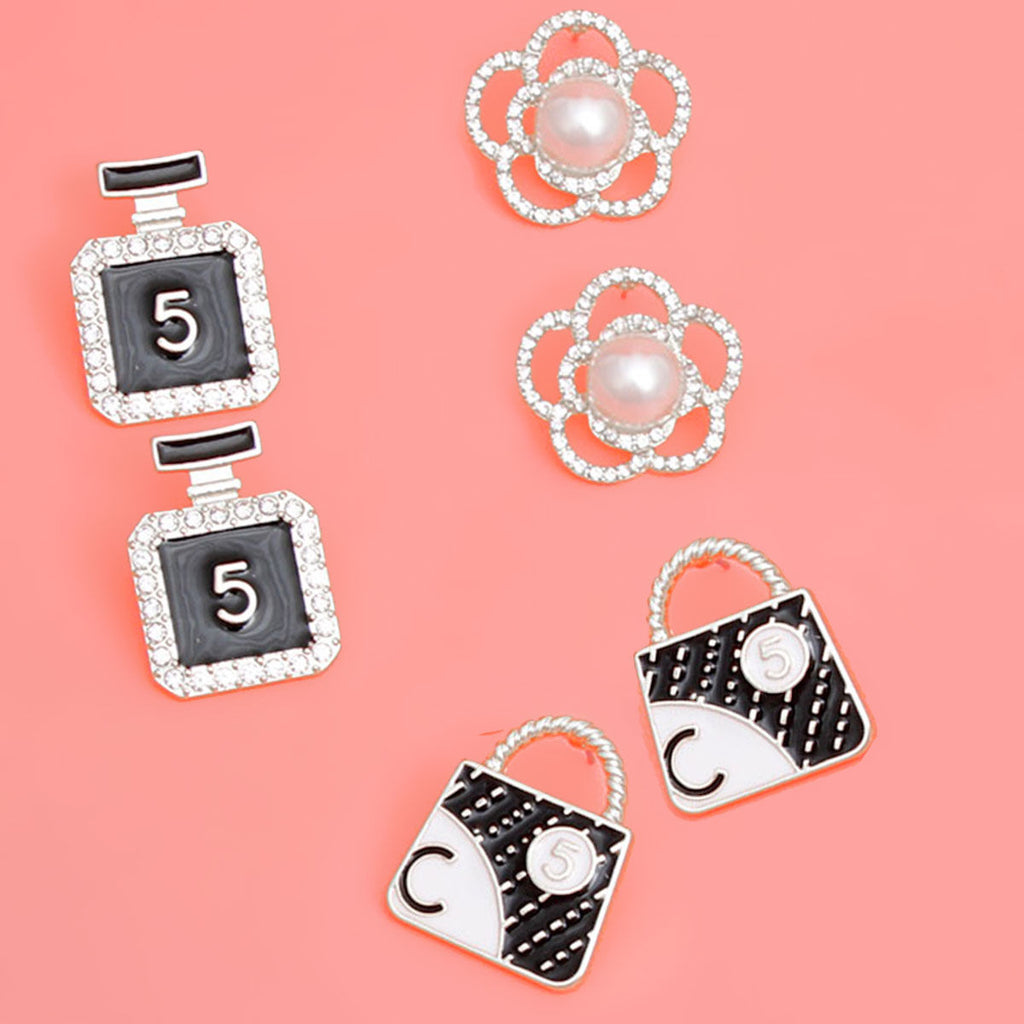 3 Pcs Silver Metal, Rhinestone & Pearl Charm Stud Earring Set – Flower, Bag & Perfume